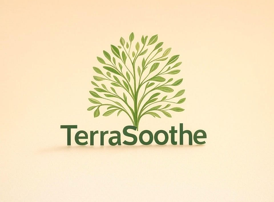TerraSoothe logo with green leaf design on a beige background