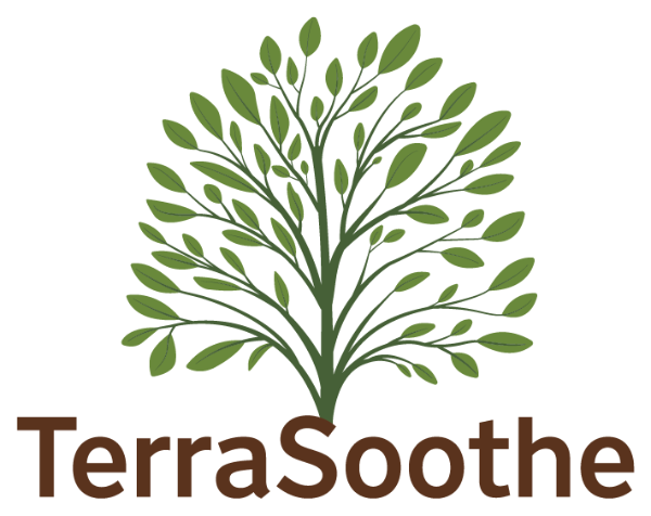 Logo of TerraSoothe with a green leafy design on a white background
